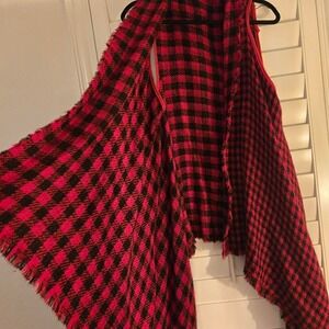Red Black Plaid Vest‎ Long Waterfall Fringe Boho Buffalo Check Sleeveless Gilet